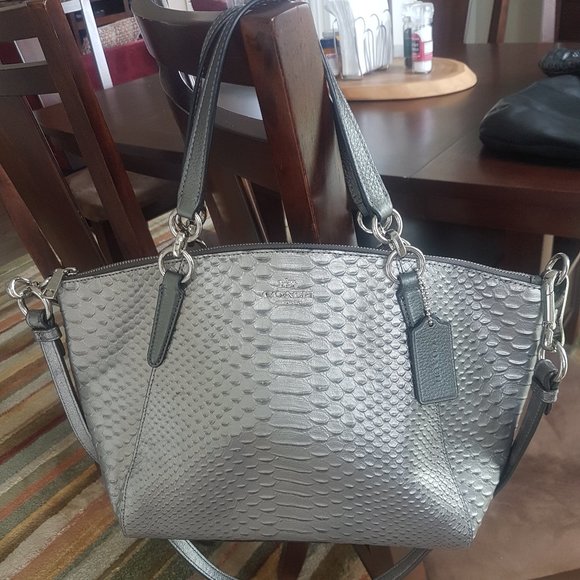 LIKE NEW Coach Kelsey Python Embossed Satchel Shoulder Bag Grey - Picture 1 of 7